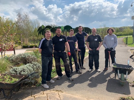 Our Sheffield team on a volunteering day in the garden at Bluebell Wood Children's Hospice